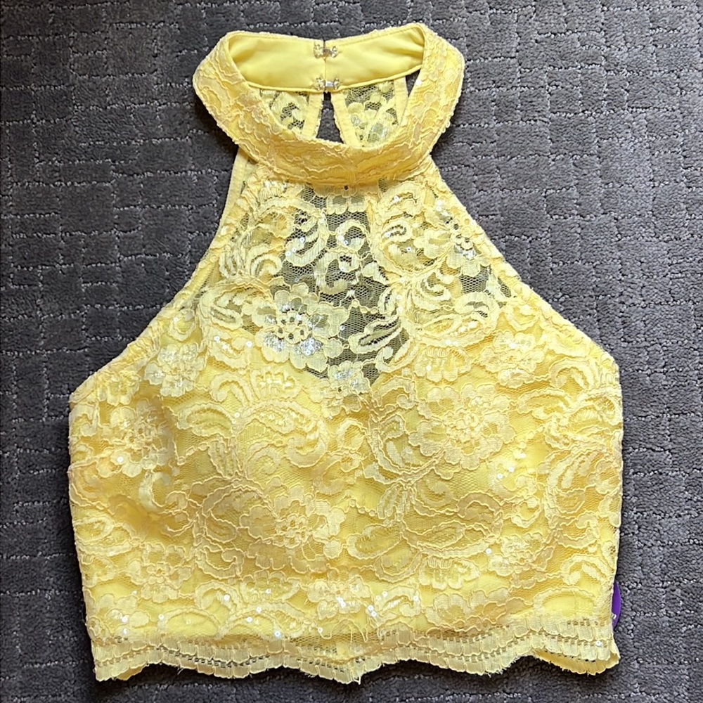 NWT Windsor Yellow Lace Halter Crop Top + Clear Sequins Size Small 5